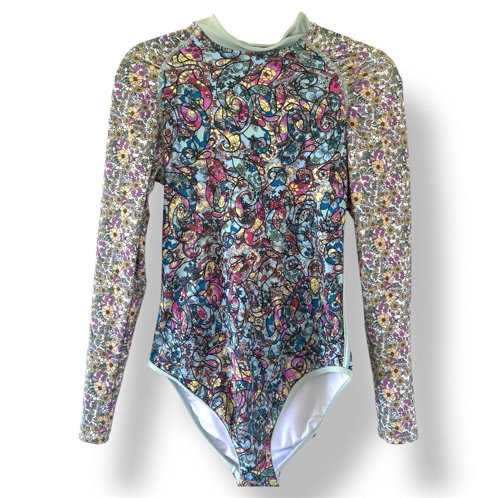 Venus Floral Paisley Long Sleeve One-Piece Rash Guard Rashie Swimsuit Size 12